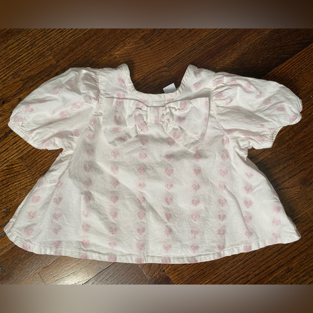 toddler girl 2T White Blouse with Pink Metallic Thread Heart Design Oversize Bow